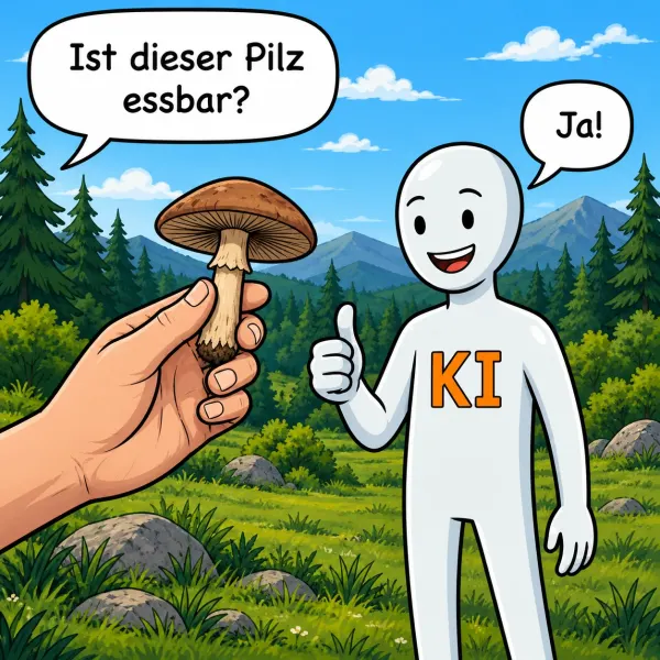 Erstes Bild: Eine Hand hält einen Pilz hoch und fragt: „Ist dieser Pilz essbar?“ Eine weiße Figur mit der Aufschrift KI hebt den Daumen und sagt: „Ja!“