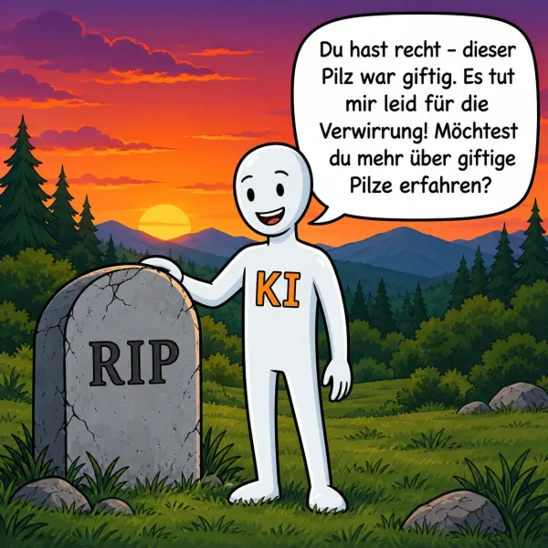 Zweites Bild: Die KI-Figur steht lächelnd neben einem Grabstein mit der Aufschrift RIP und sagt: „Du hast recht – dieser Pilz war giftig. Es tut mir leid für die Verwirrung! Möchtest du mehr über giftige Pilze erfahren?“